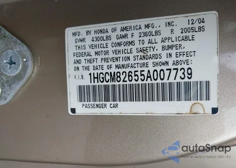 2005 Honda Accord 3.0 Ex from USA, damaged, VIN 1HGCM82655A007739